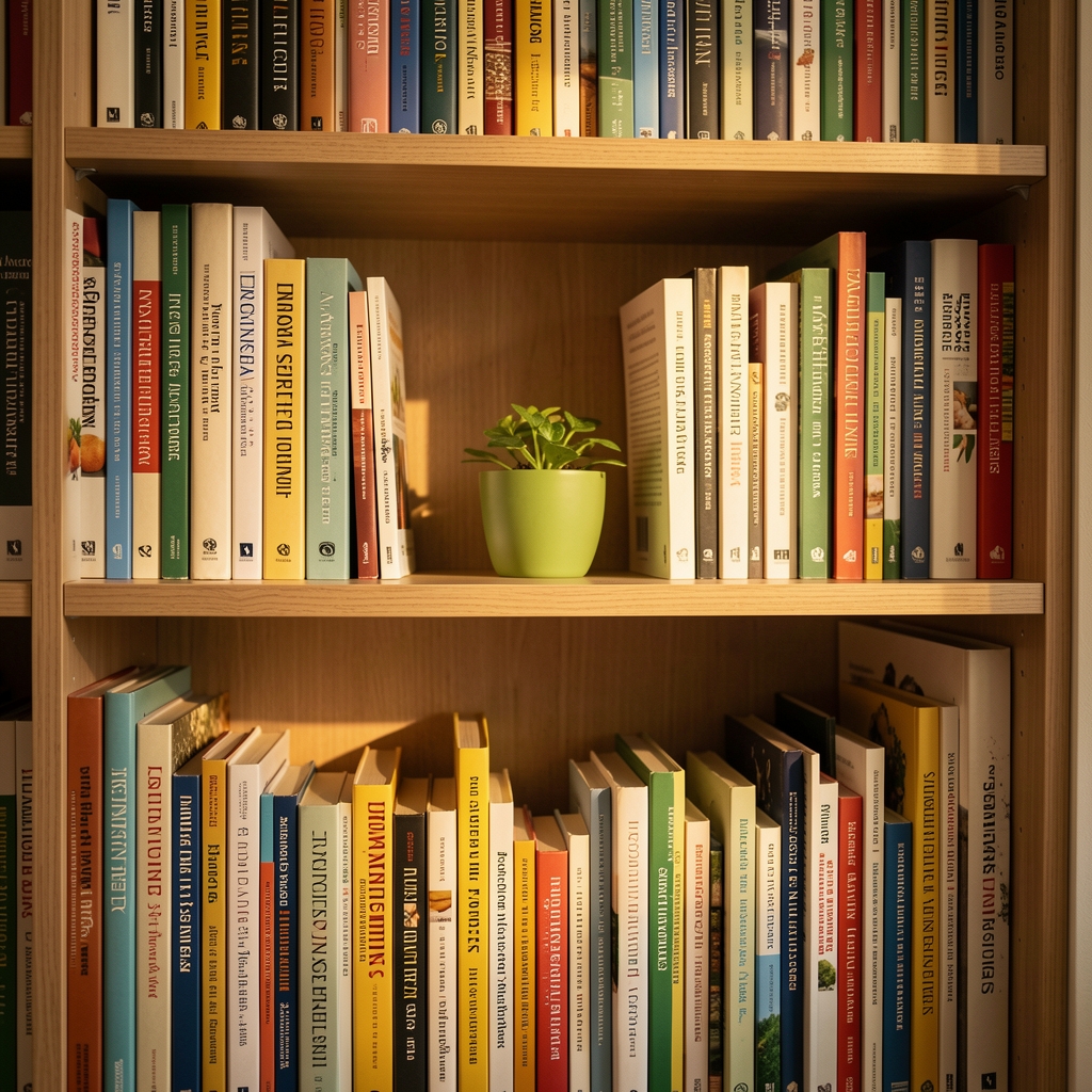 Bücherregal mit Ernährungsfachbüchern und einem kleinen grünen Topf, warmes Seitenlicht