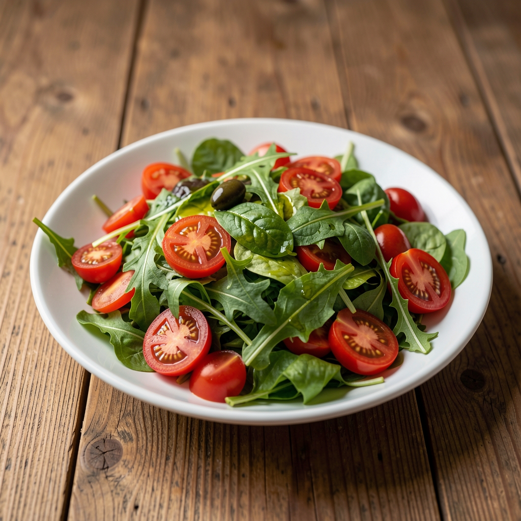Nahaufnahme frischer Salat mit Kirschtomaten, grünen Blättern und Olivenöl auf einem Holztisch, natürliches Seitenlicht