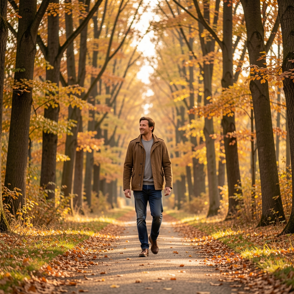 Person beim ruhigen Spaziergang in einem Schweizer Park zwischen Bäumen, Herbstlicht