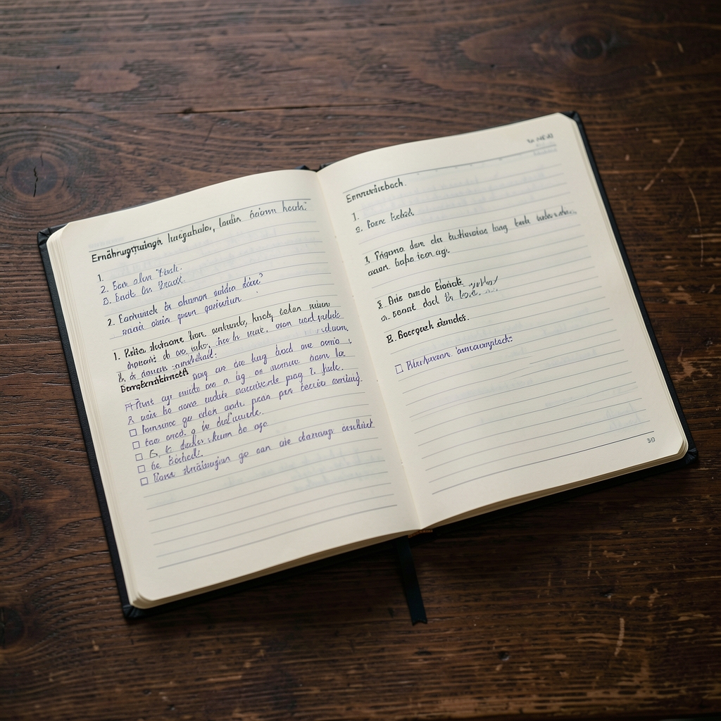 Offenes Ernährungstagebuch mit handschriftlichen Notizen auf einem dunklen Holztisch, weiche Beleuchtung