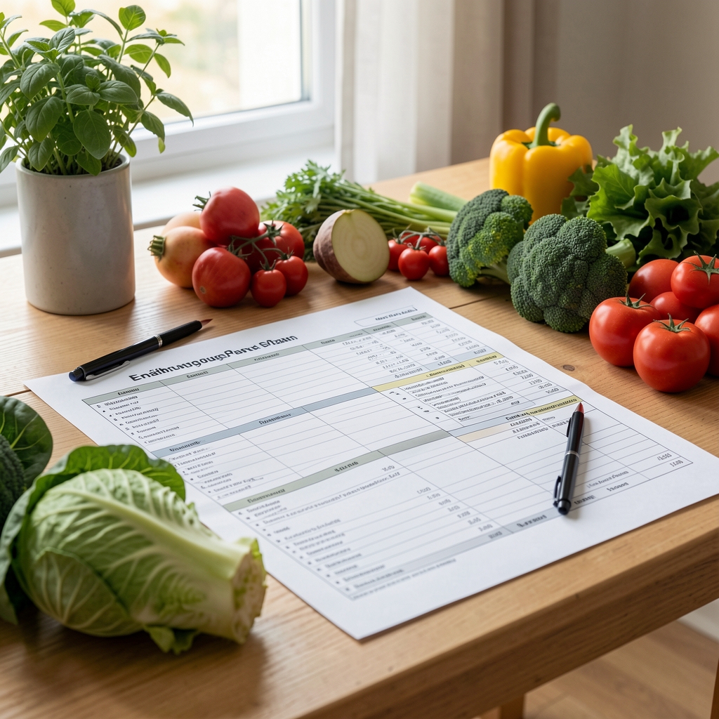 Ernährungsplan ausgebreitet auf einem Tisch mit frischem Gemüse und einem Stift, saubere Arbeitsumgebung