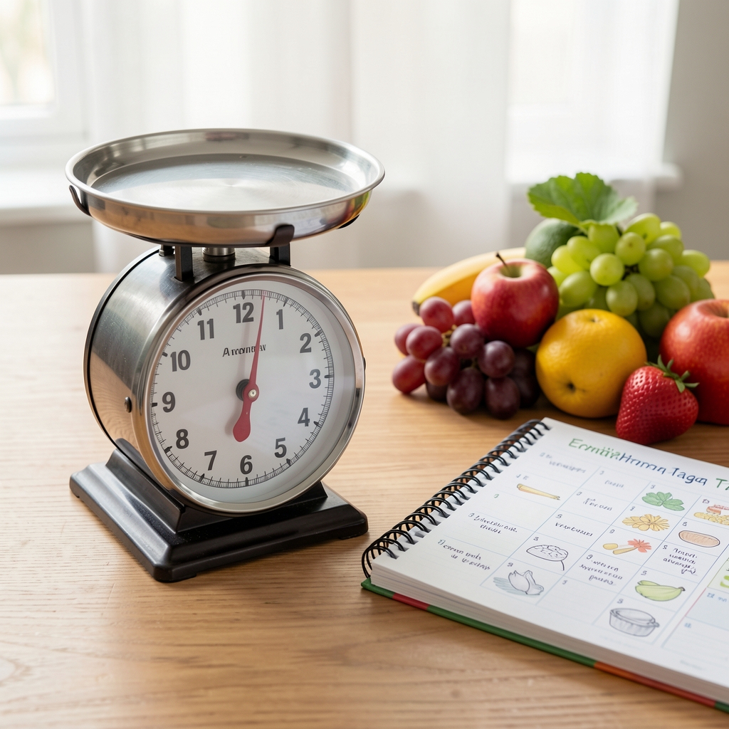 Waage auf einer sauberen Holzoberfläche neben einem Ernährungstagebuch und frischem Obst