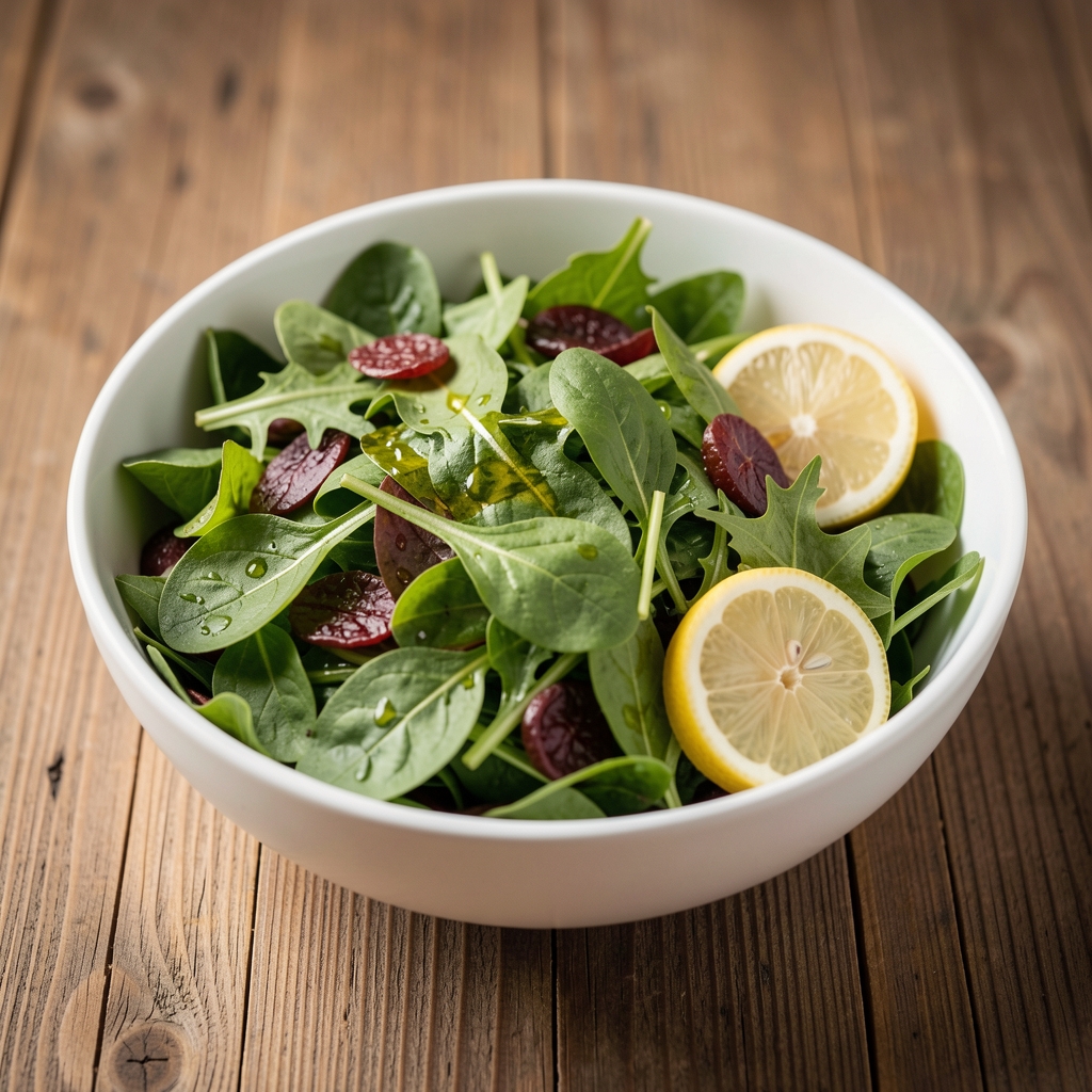 Frischer grüner Salat in einer weissen Schüssel mit Olivenöl und Zitrone auf einem Holztisch