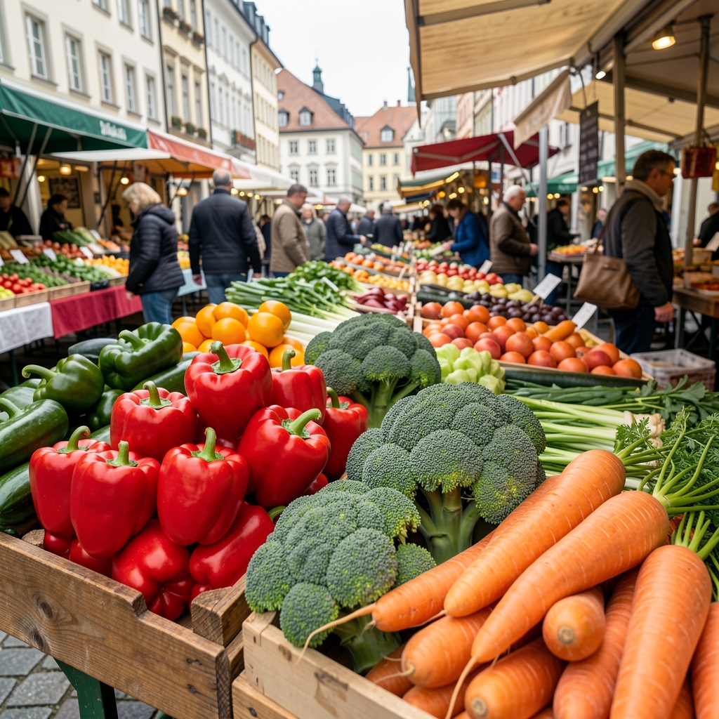 Bunte Gemüseauswahl auf einem Markt in Zürich mit roten Paprika, Brokkoli und Karotten