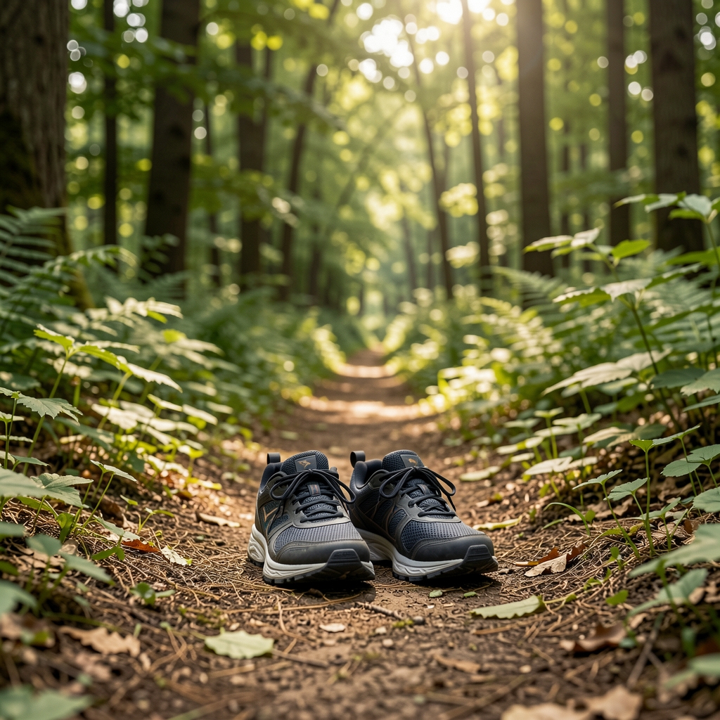 Joggingschuhe auf einem Waldweg mit grünen Blättern rund umher, natürliches Licht